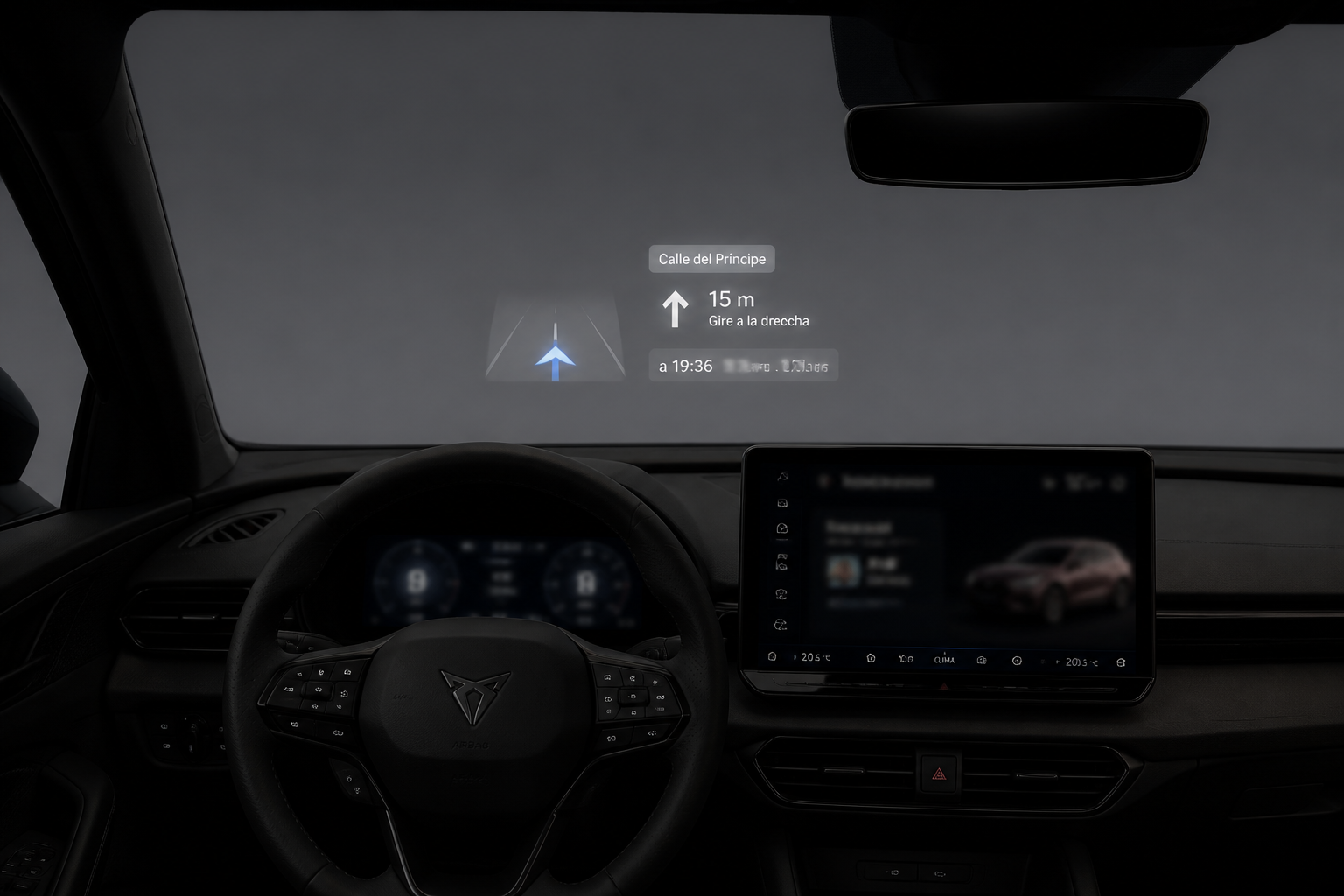 Vista desde el asiento del conductor con proyección de realidad aumentada sobre el parabrisas del Tavascan