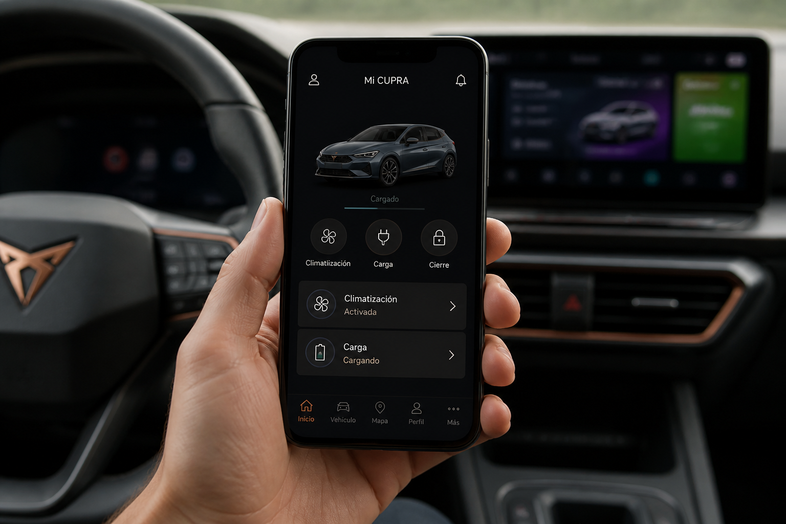 Smartphone dentro del habitáculo mostrando una app de control del auto con iconos de clima y carga