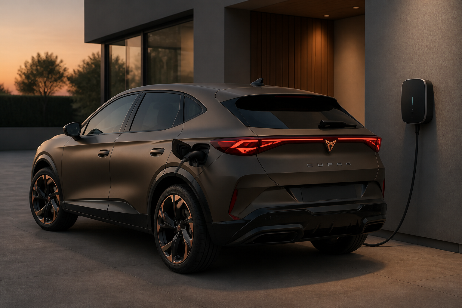 CUPRA Tavascan café oscuro cargando en un wallbox doméstico al atardecer