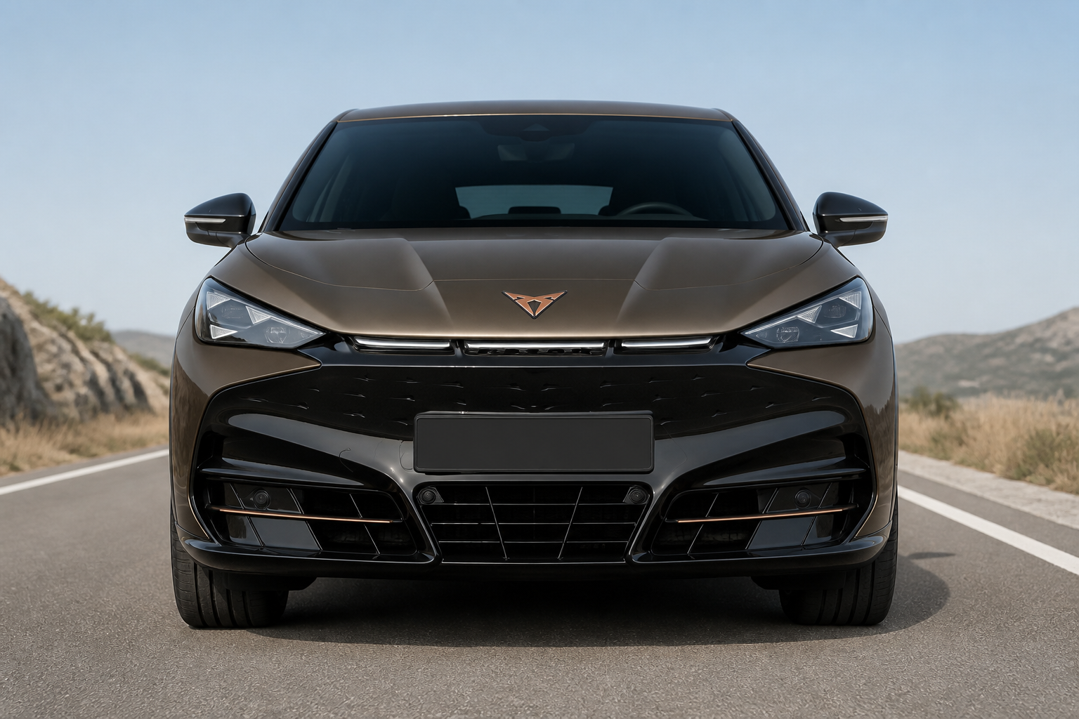 Primer plano frontal del CUPRA Tavascan café oscuro de día con faros apagados en carretera