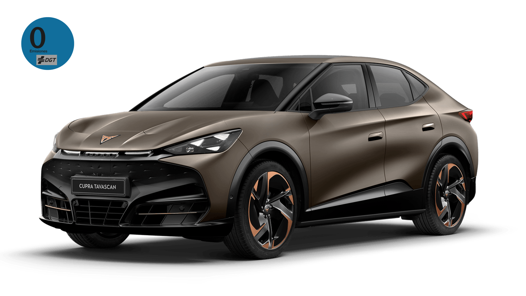 CUPRA Tavascan café oscuro en vista tres cuartos frontal con rines multirradio con detalles en cobre