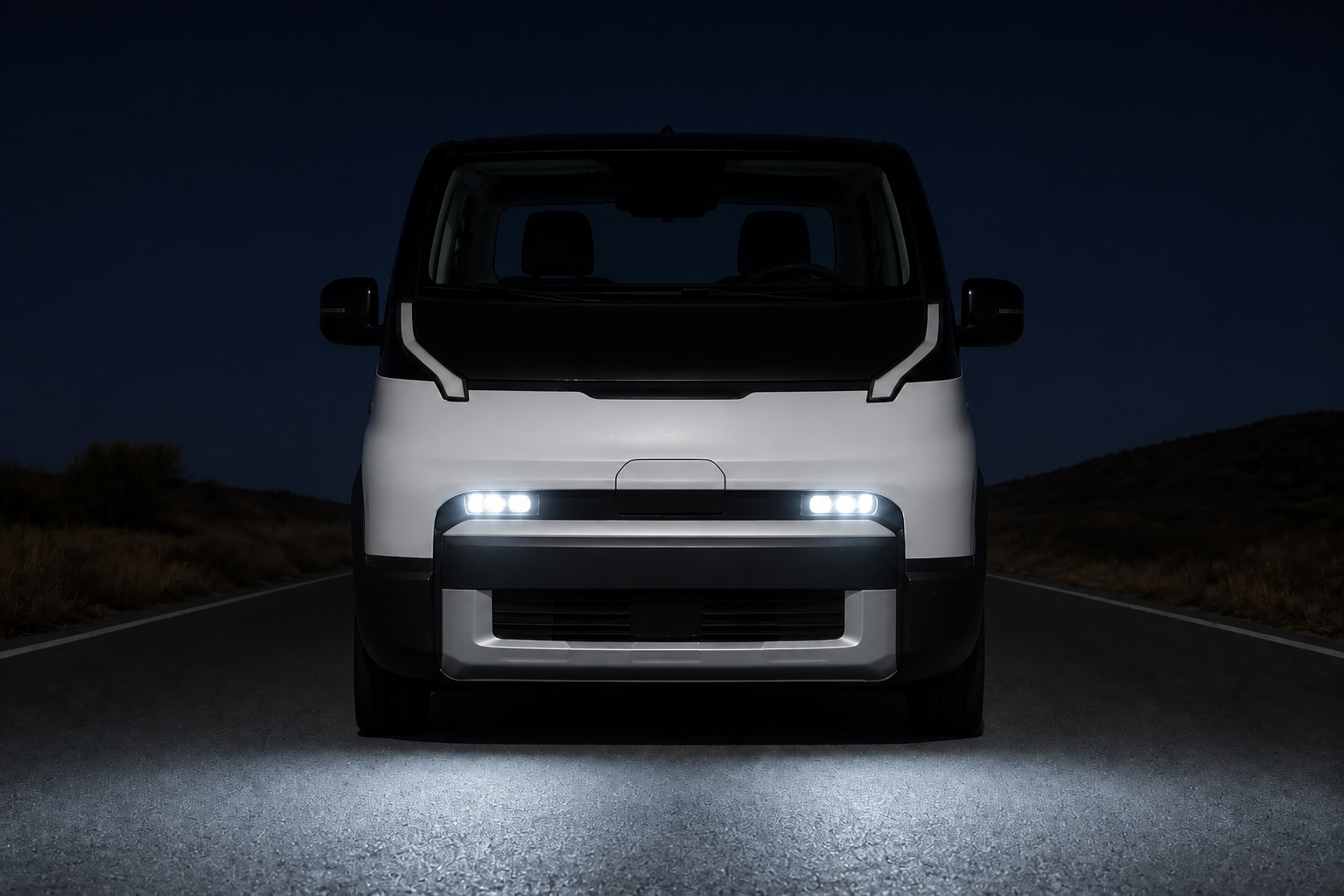 La misma escena frontal del Kia PV5 Chasis Cabina de noche, con los faros delanteros encendidos proyectando luz sobre la carretera.