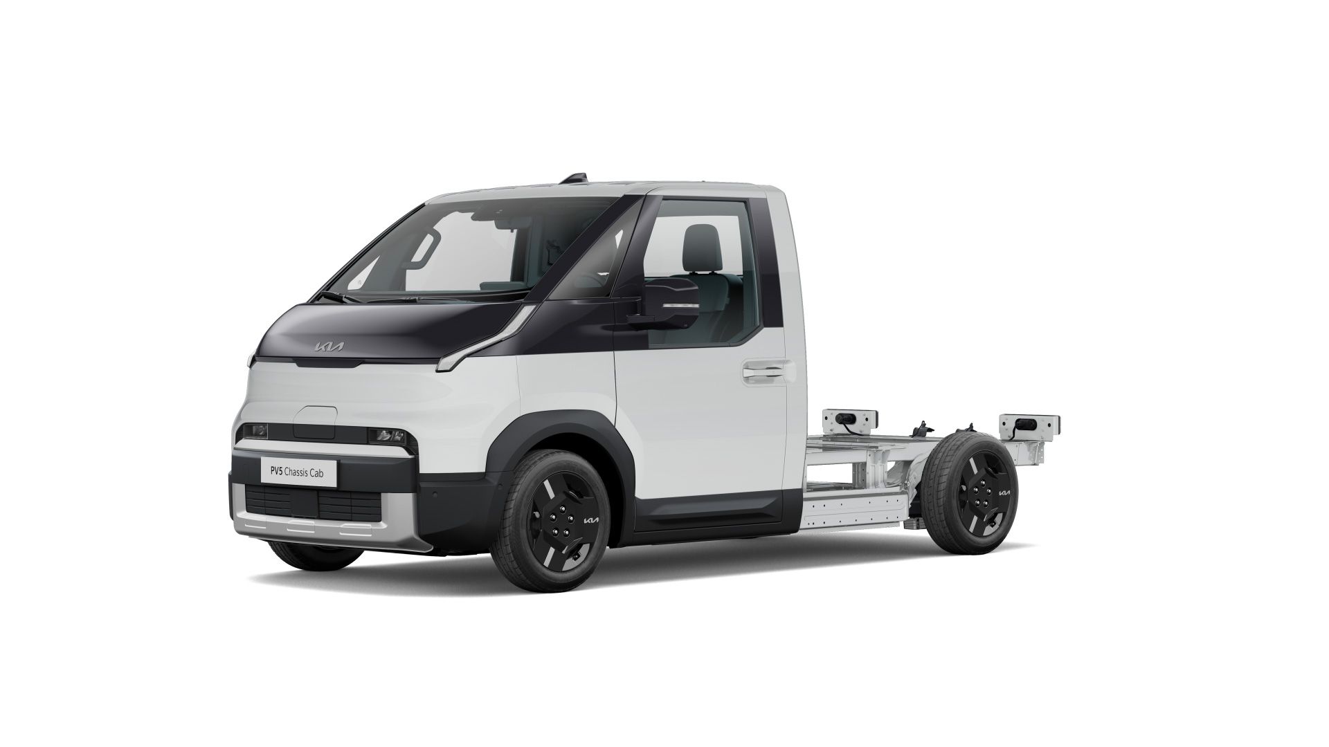 Render del Kia PV5 Chasis Cabina blanco y negro con el chasis trasero expuesto sobre fondo blanco.