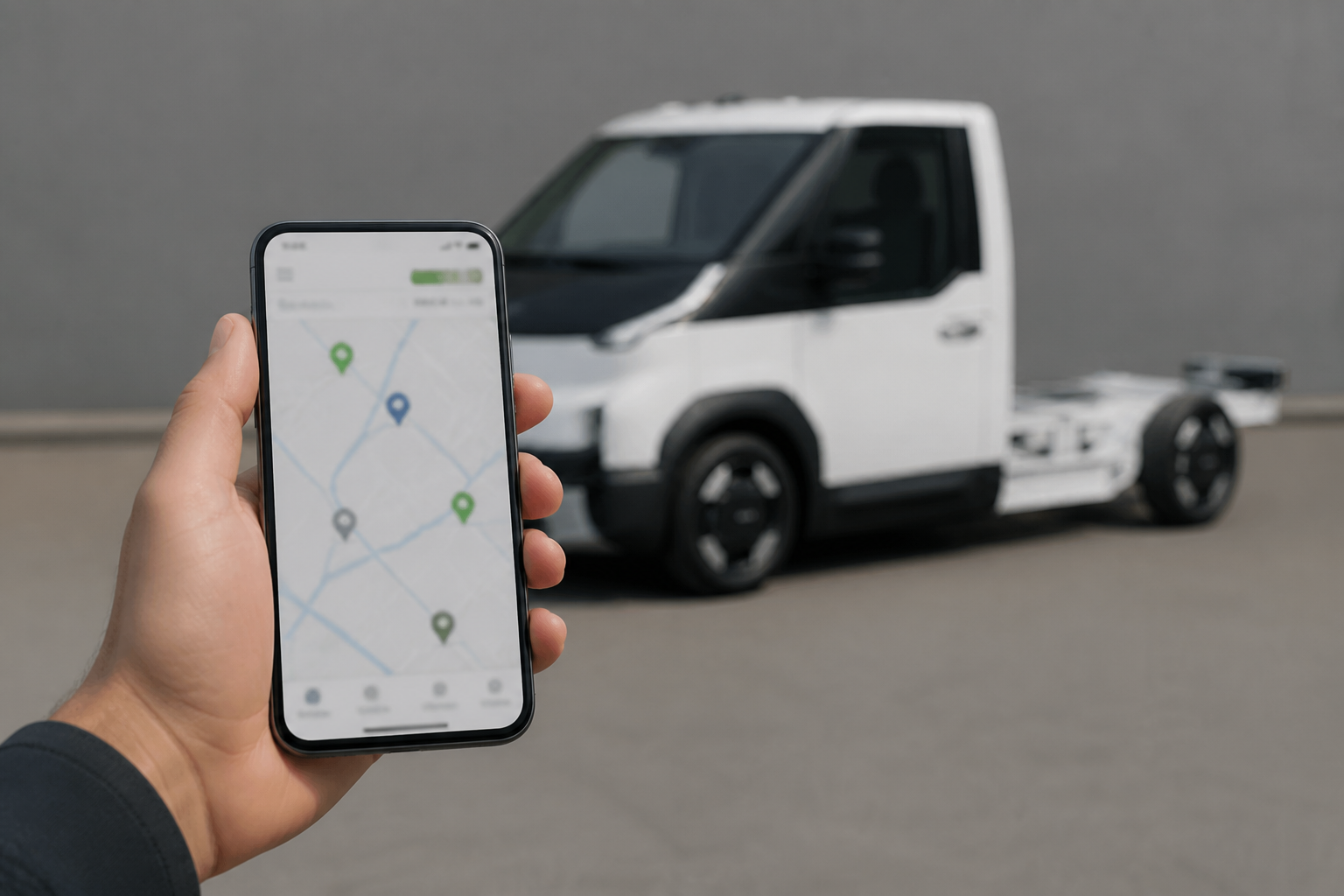 Primer plano de un smartphone con una app de recarga con mapa desenfocado y el Kia PV5 Chasis Cabina aparcado al fondo.
