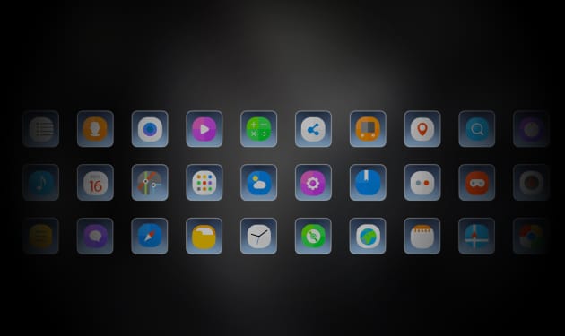 Interfaz de pantalla digital con múltiples iconos de aplicaciones sobre fondo oscuro.
