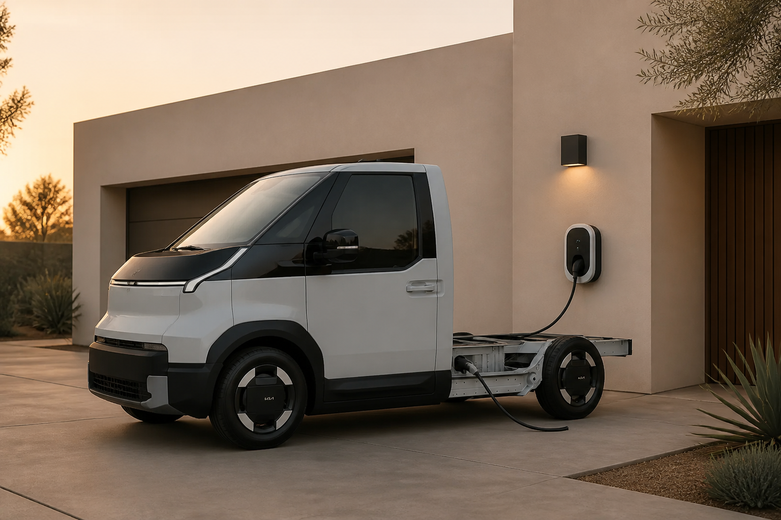 Kia PV5 Chasis Cabina aparcado frente a una vivienda, conectado a un cargador doméstico de pared al atardecer.