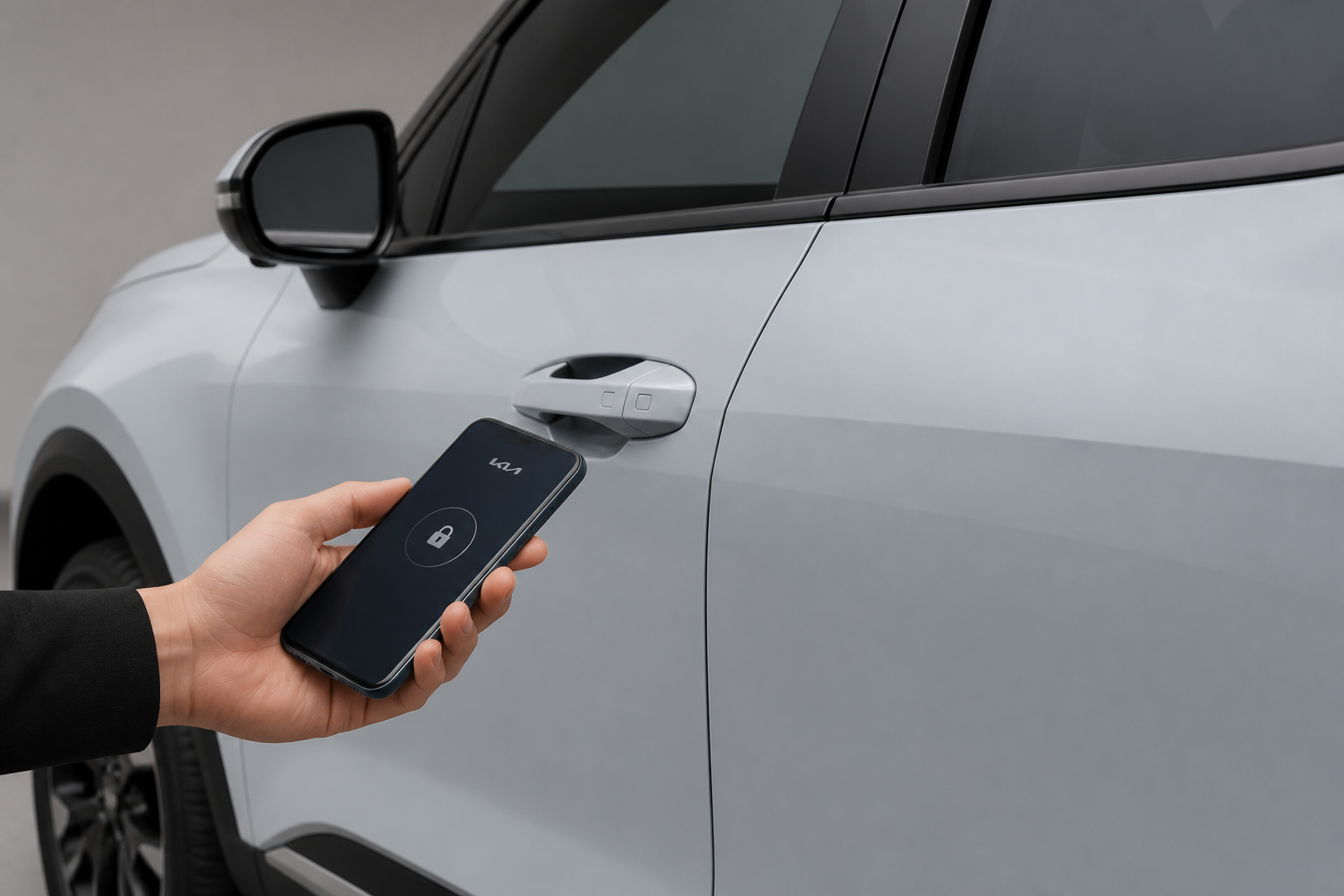 Smartphone junto al tirador de la puerta del Kia Sportage funcionando como llave digital