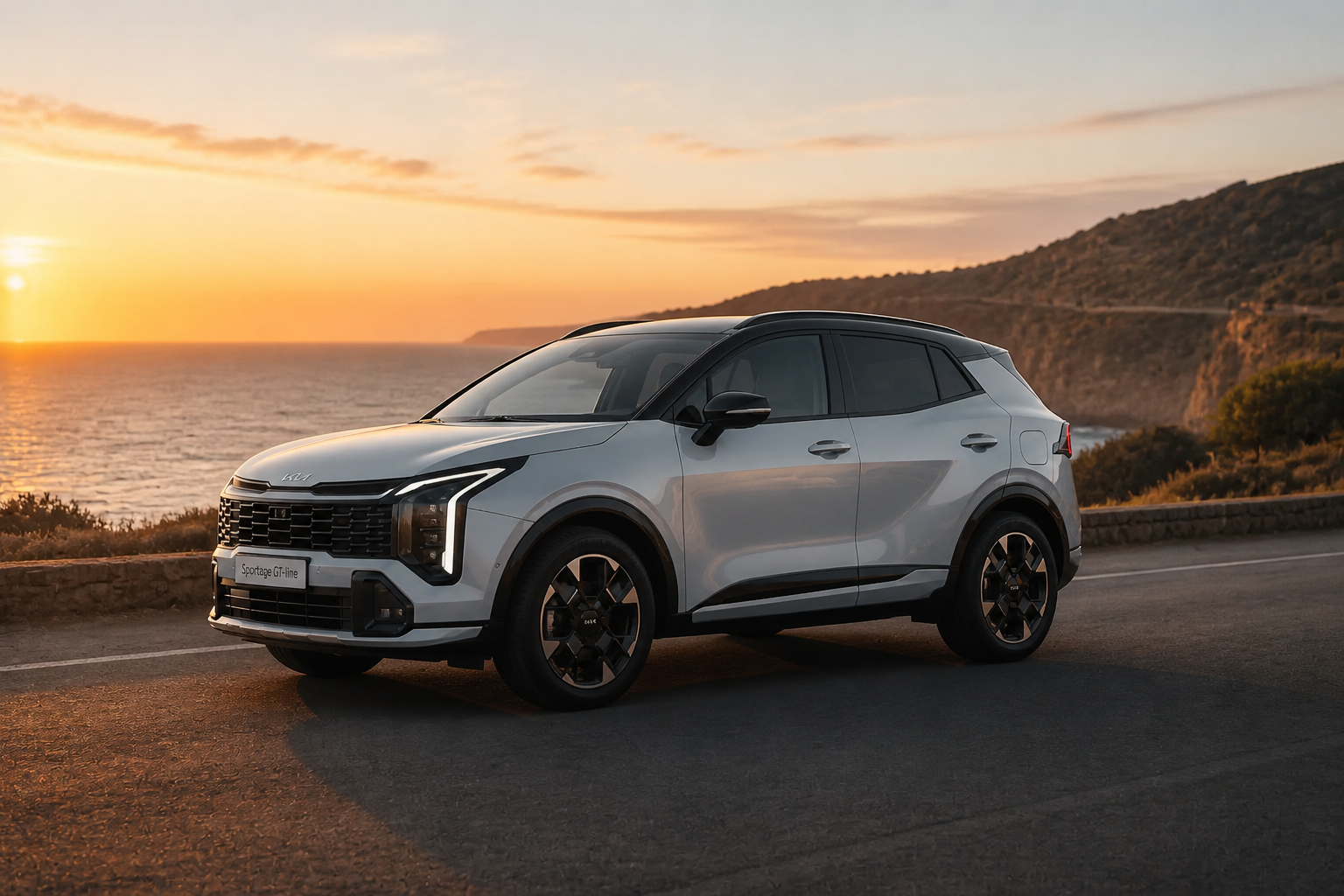 Kia Sportage blanco parado en una carretera costera al atardecer