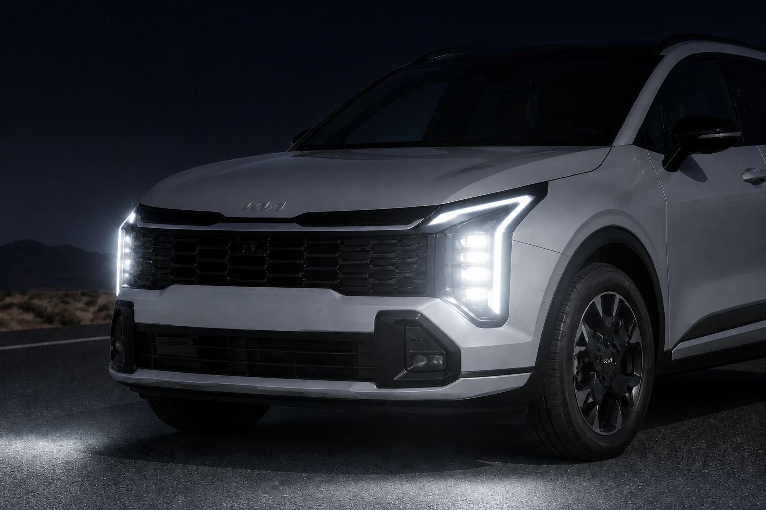 Frontal del Kia Sportage de noche con los faros LED encendidos
