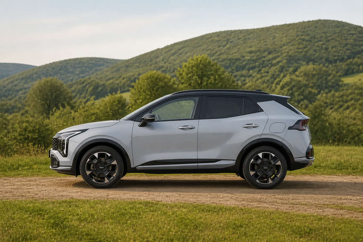 Kia Sportage blanco parado en un paisaje verde natural con luz suave