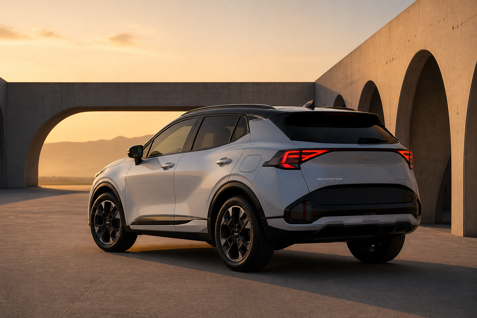 Kia Sportage blanco visto de tres cuartos trasero al atardecer