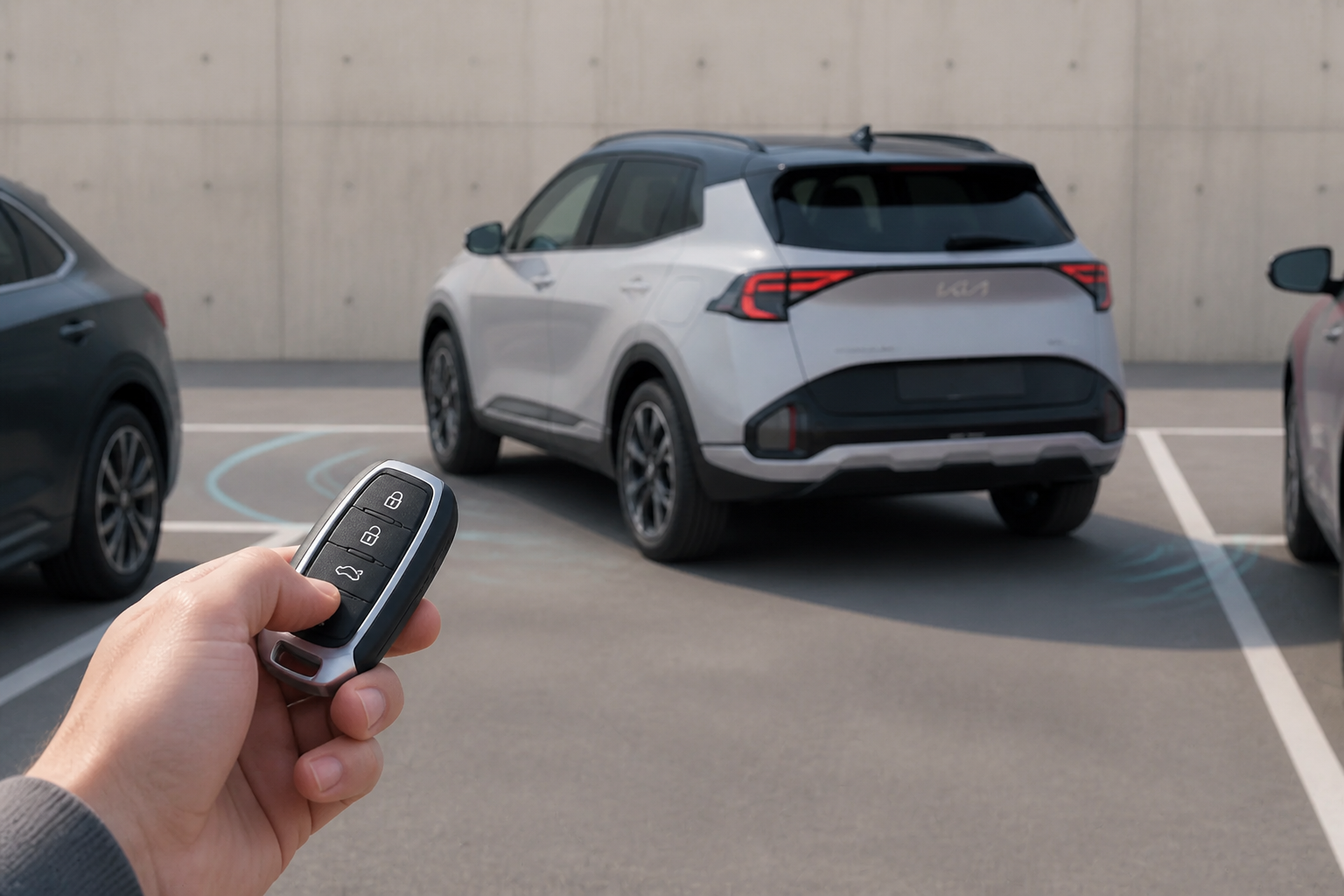 Mano con la Smart Key en primer plano y el Kia Sportage aparcando de forma autónoma al fondo