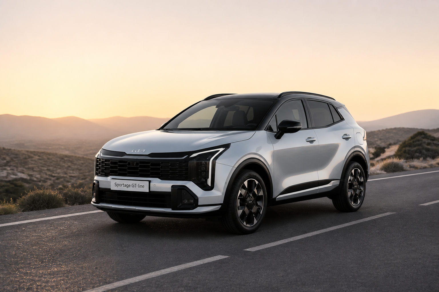 Kia Sportage blanco parado en una carretera abierta al amanecer