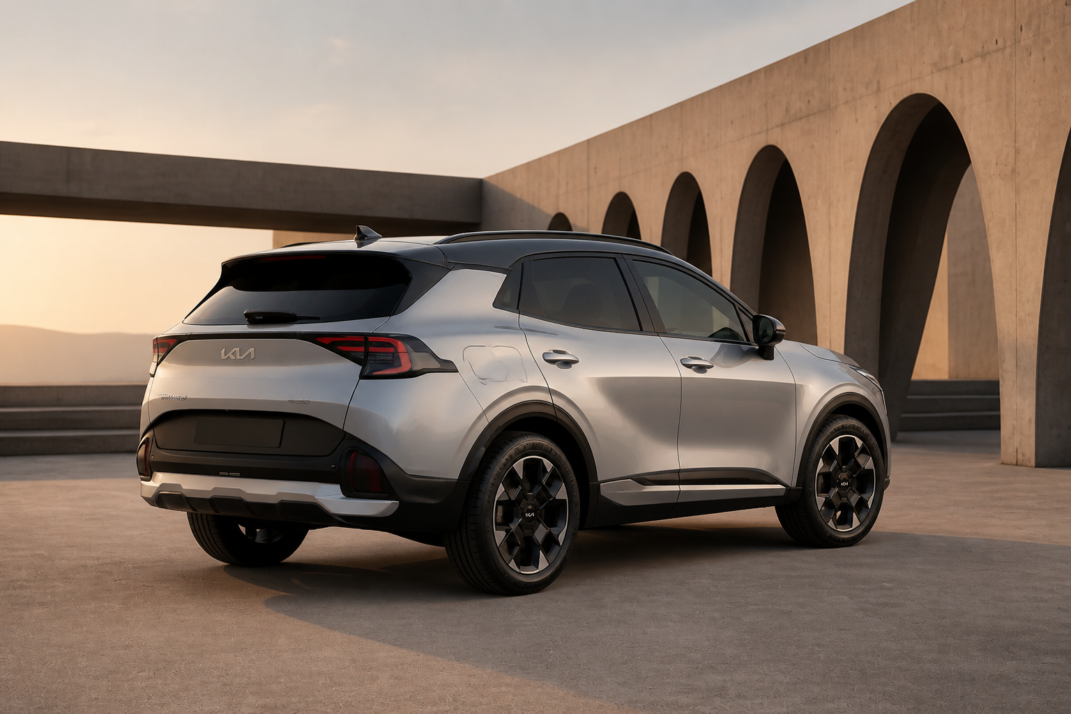 Kia Sportage blanco parado ante arquitectura urbana moderna al atardecer
