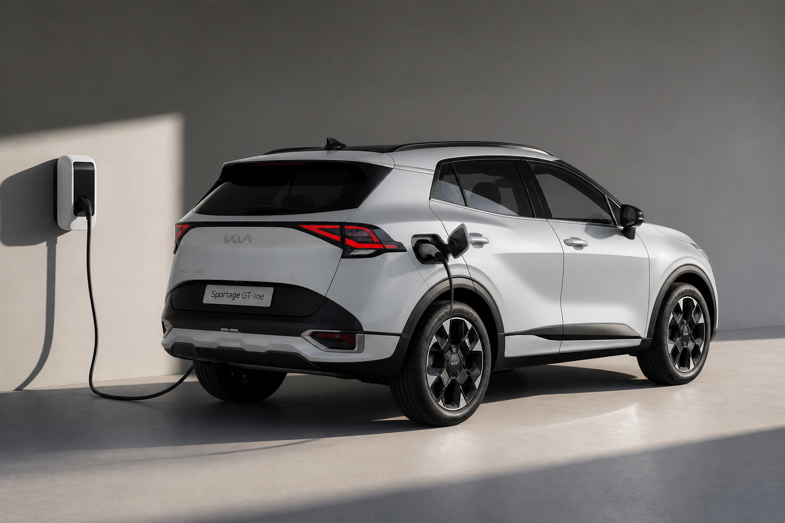 Kia Sportage blanco cargando en un punto de carga doméstico