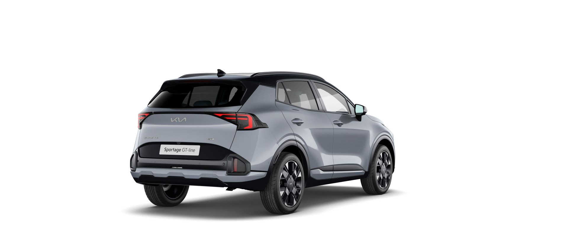 Vista trasera tres cuartos del Kia Sportage GT-Line gris con techo negro
