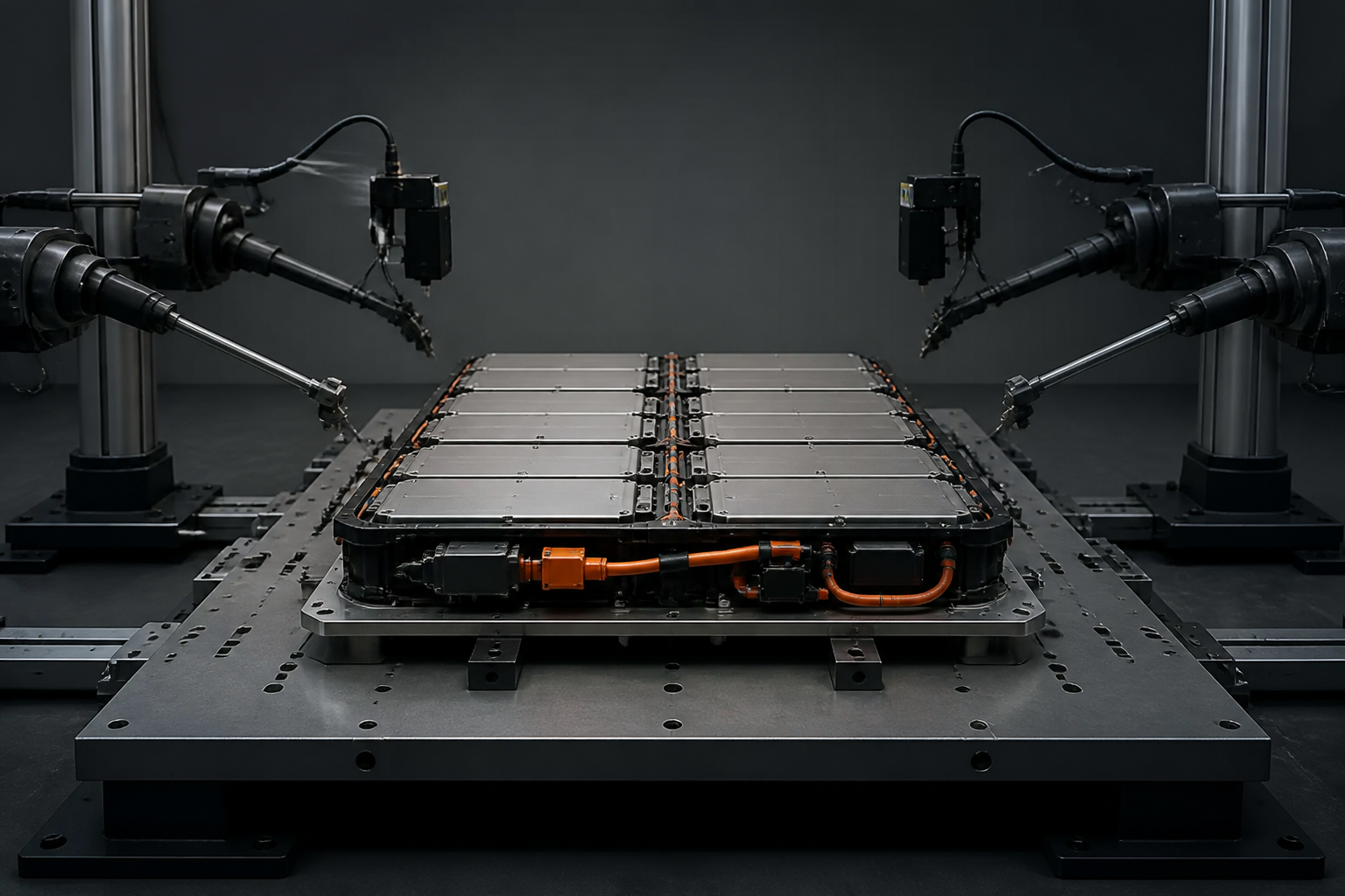 Ilustración técnica de un pack de batería en un banco de pruebas de laboratorio con brazos de ensayo