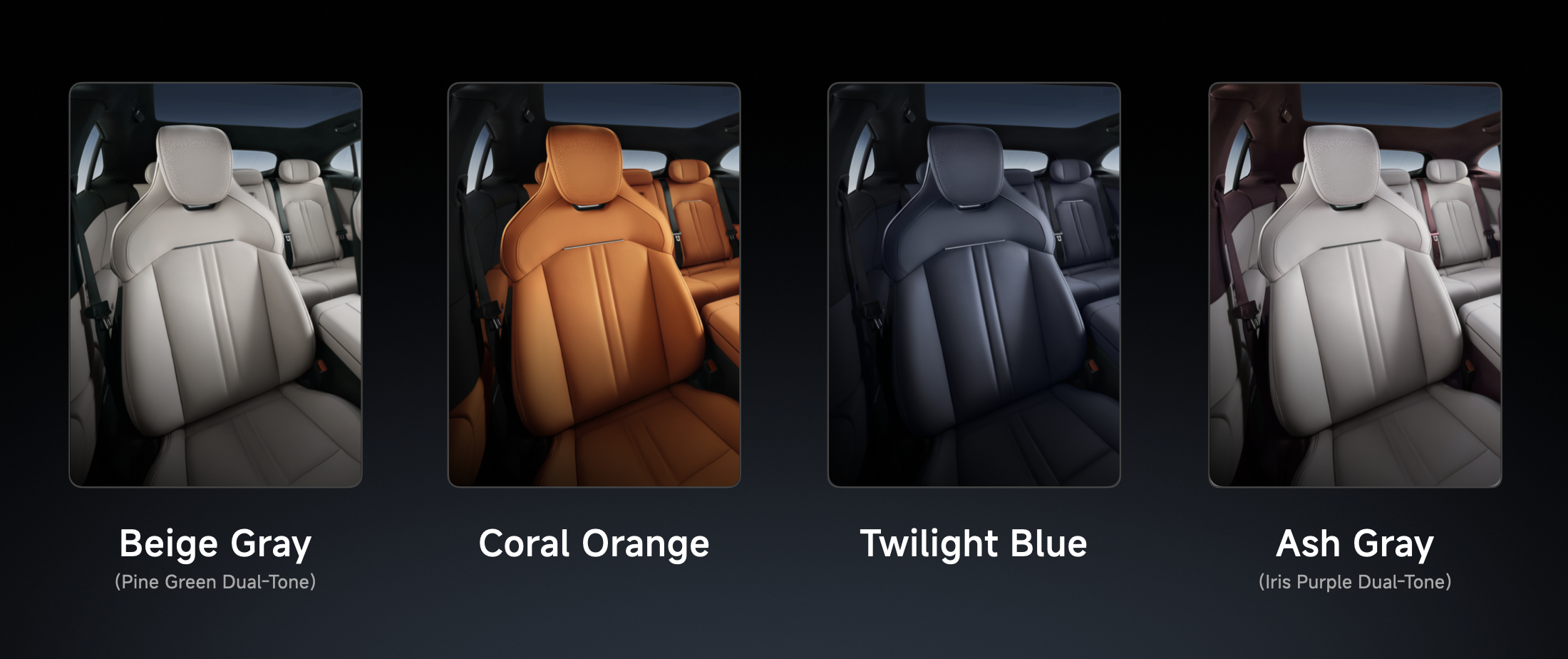 Cuatro asientos delanteros con las opciones de color interior: gris, naranja coral, azul y gris ceniza