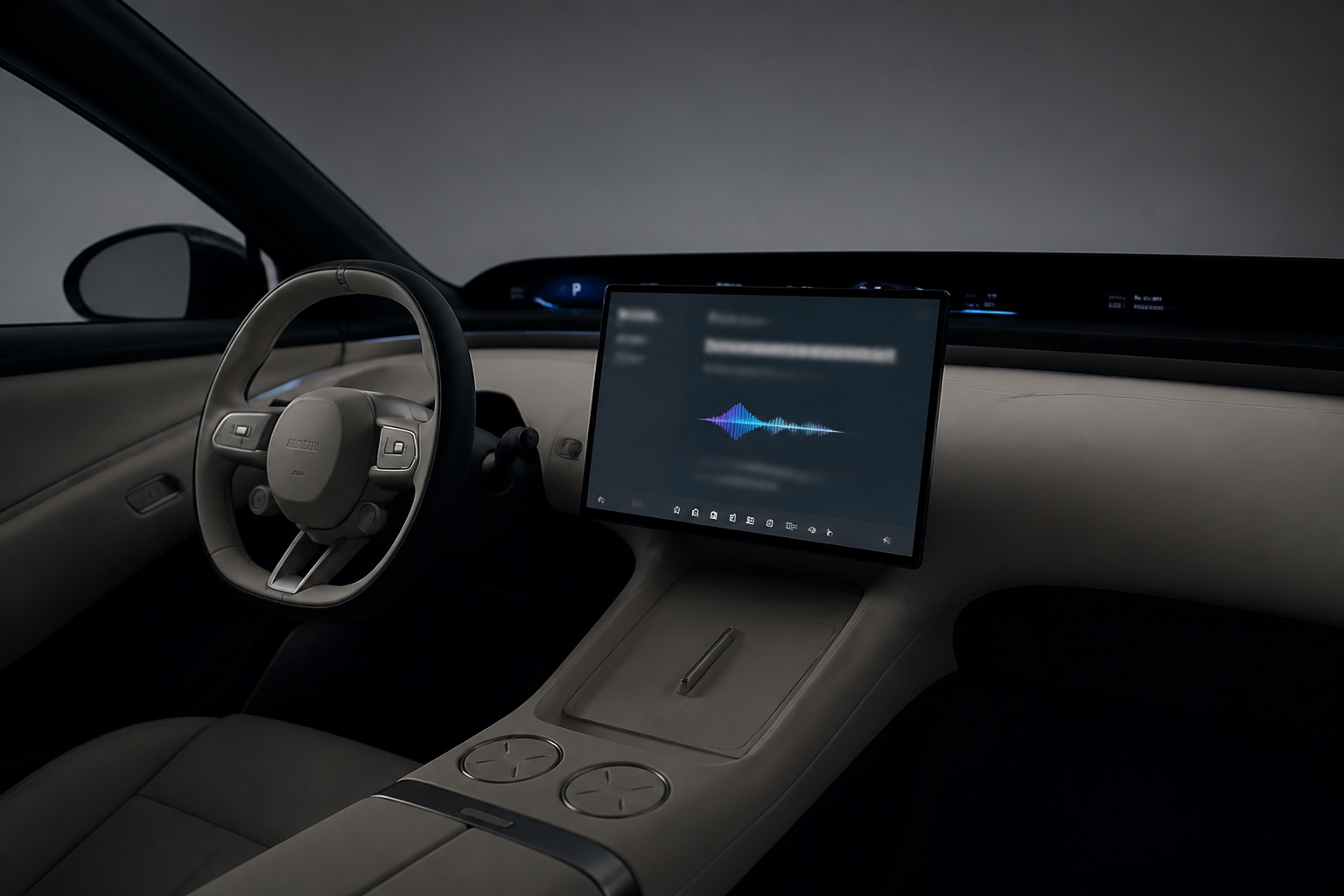 Pantalla central del coche con la interfaz del asistente de voz y una onda de audio abstracta, cabina en penumbra