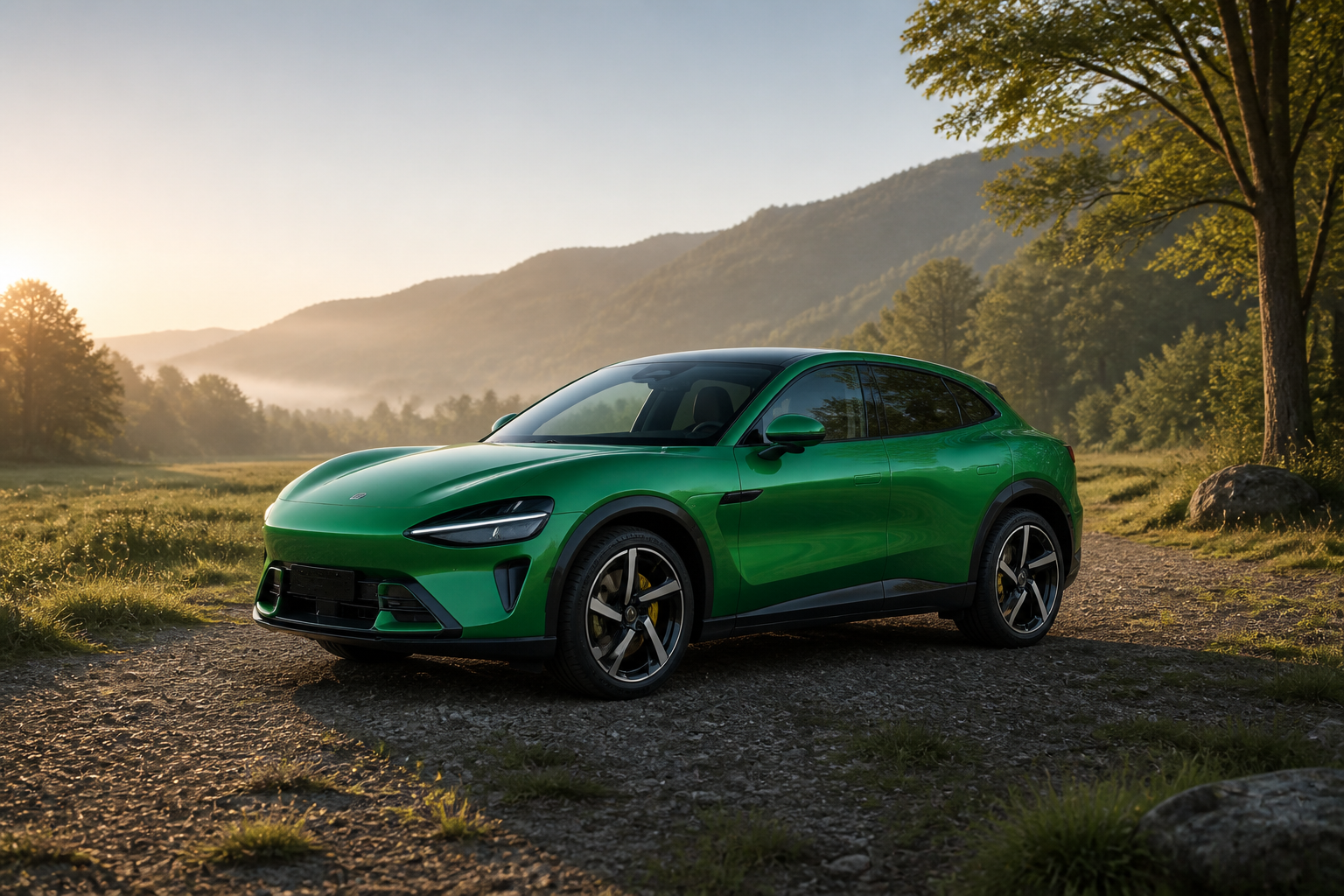 YU7 verde aparcado en un paisaje natural al amanecer, plano lateral amplio con luz suave