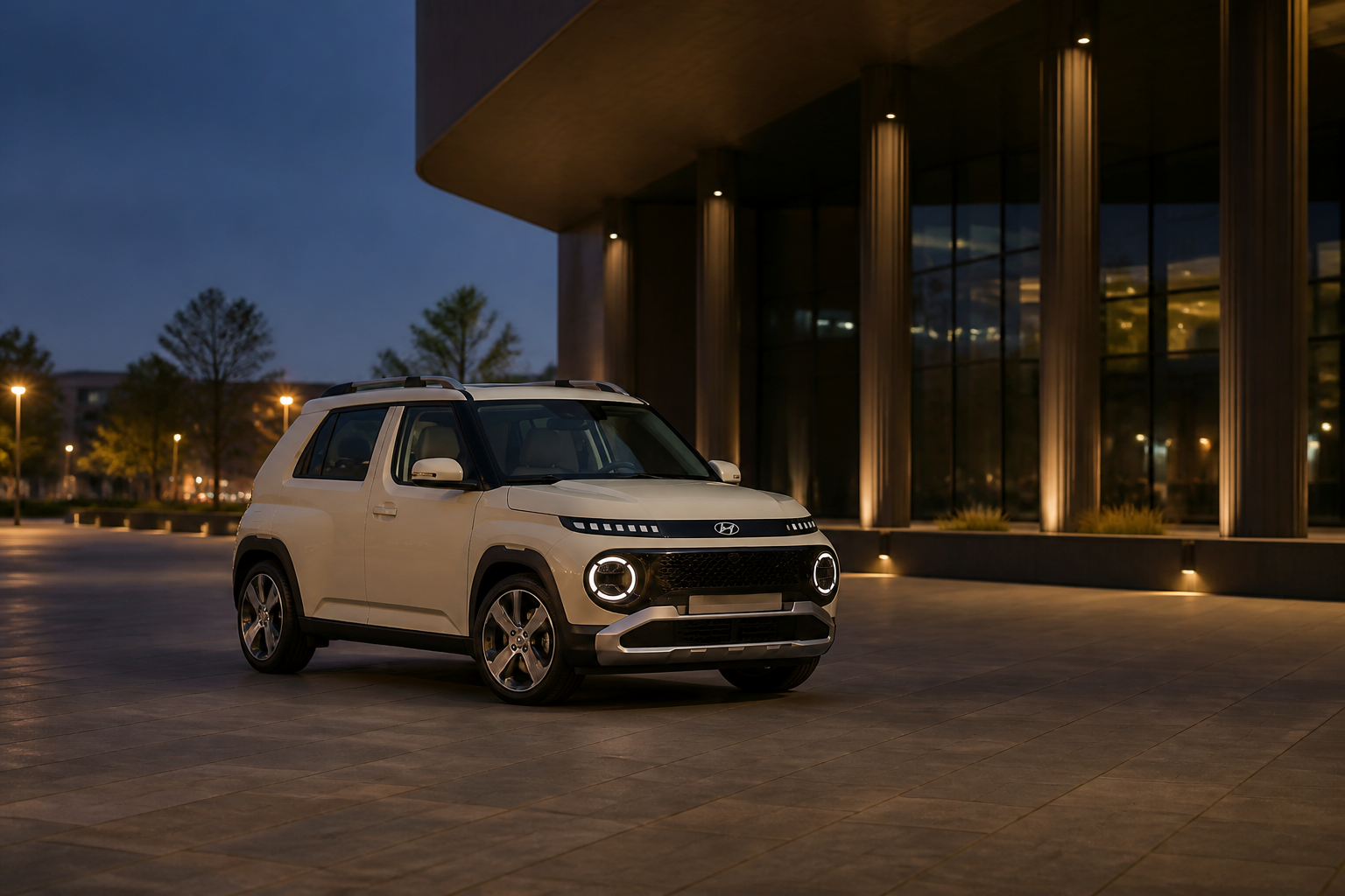 Hyundai Inster beige aparcado frente a arquitectura moderna al anochecer