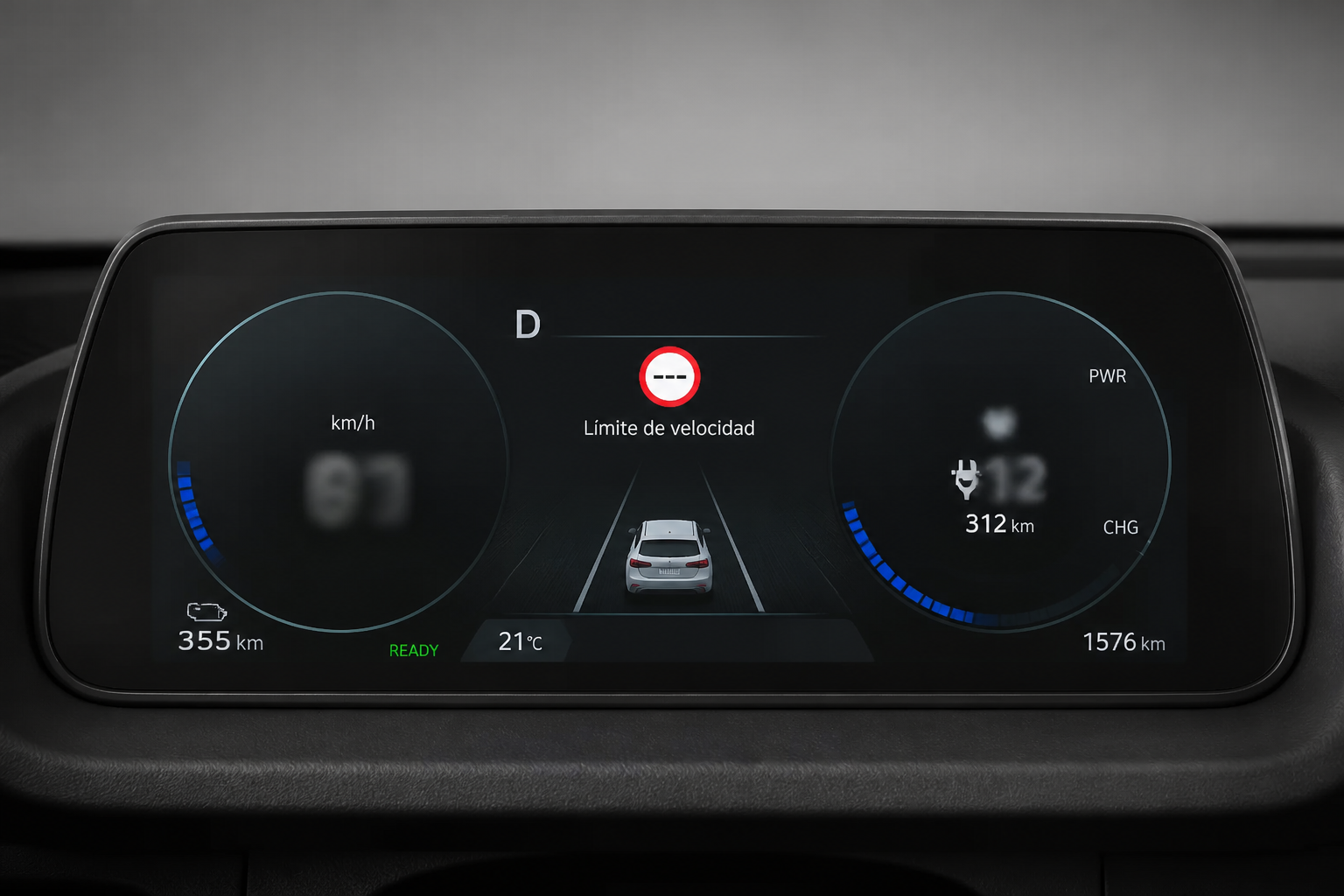 Pantalla del cuadro del Inster mostrando el icono de una señal de límite de velocidad con valores desenfocados