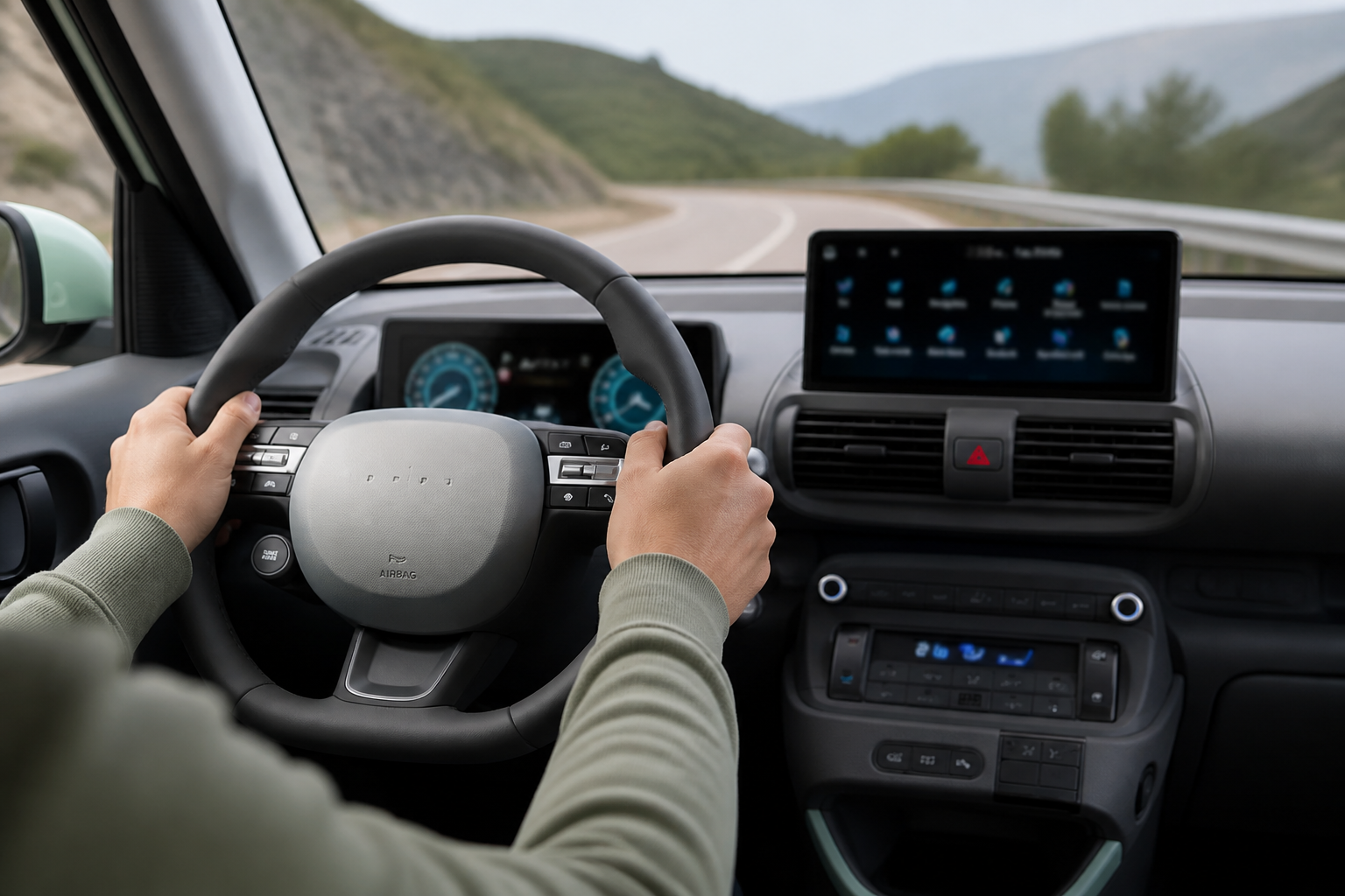 Escorzo sobre el volante del Inster con las manos del conductor y la carretera al fondo
