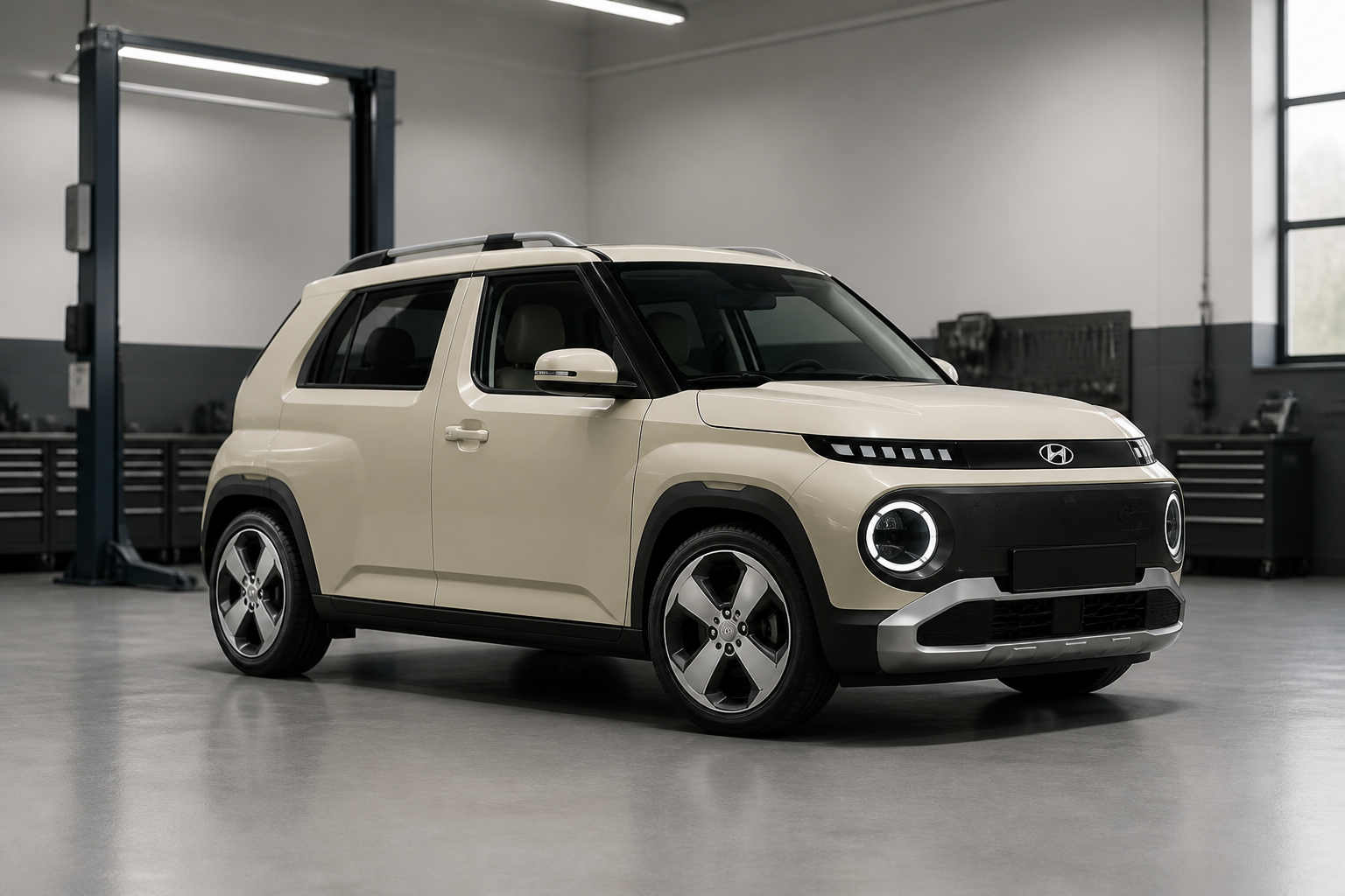 Hyundai Inster beige en un taller de servicio limpio y luminoso