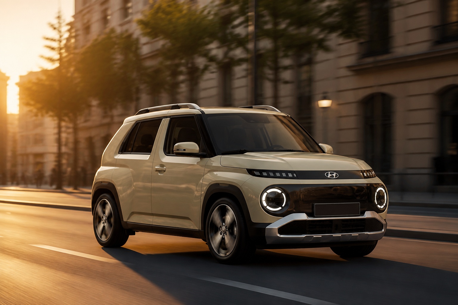 Hyundai Inster beige circulando por una avenida urbana al atardecer con ligero efecto de movimiento