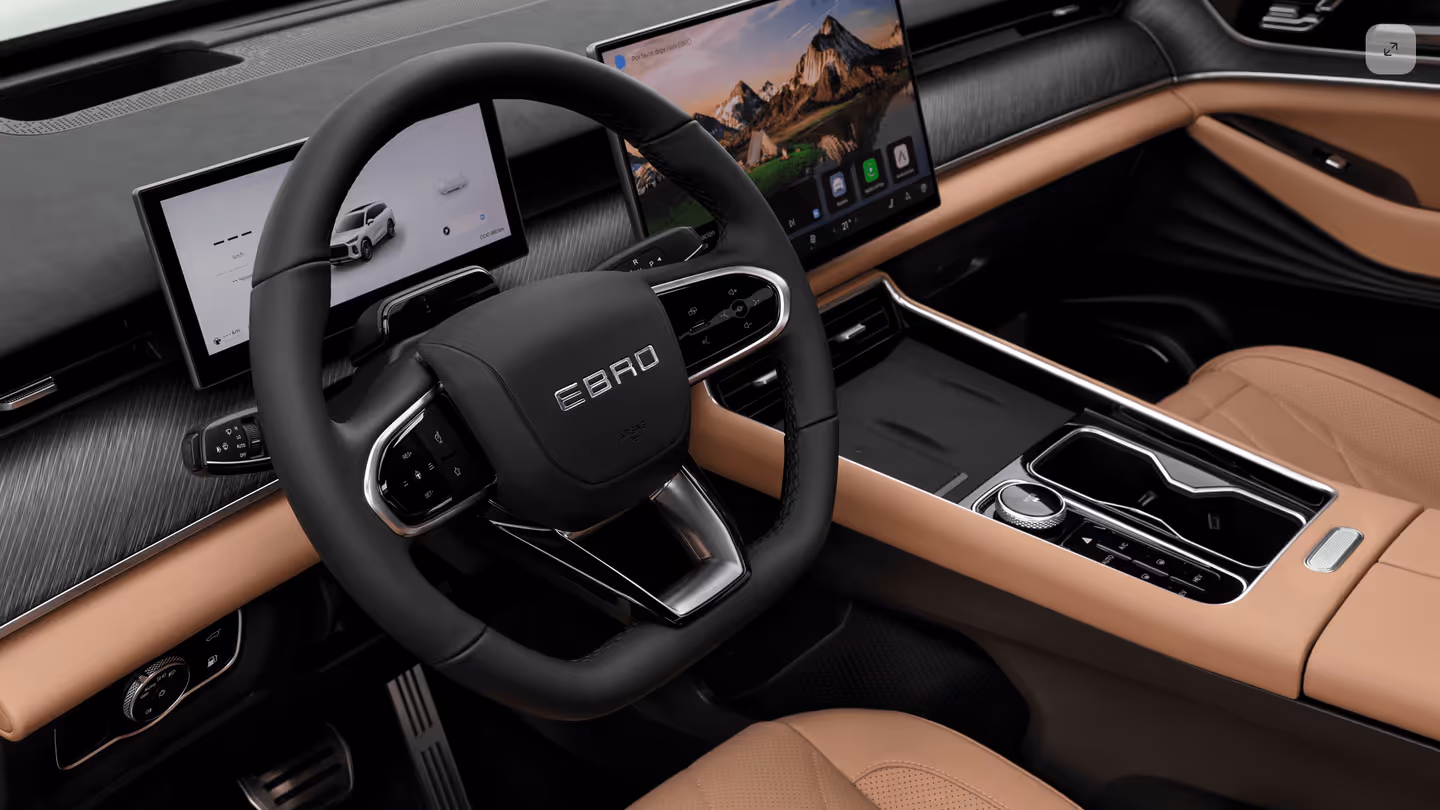Volante del Ebro S900 en primer plano con el logo de la marca