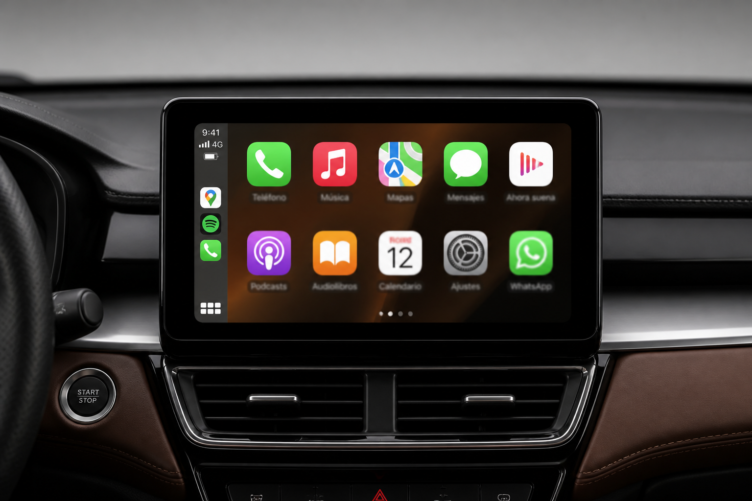 Pantalla central del habitáculo mostrando una interfaz de smartphone con iconos de aplicaciones