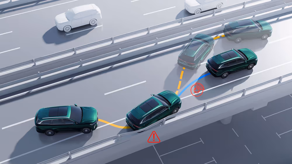 Infografía de una maniobra evasiva asistida con líneas guía y símbolos de alerta en autopista