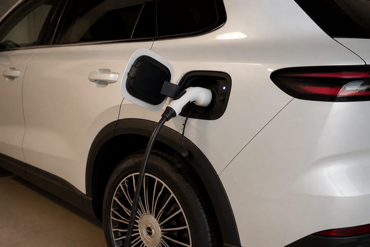 Detalle del puerto de carga de un coche blanco con conector de wallbox en un garaje