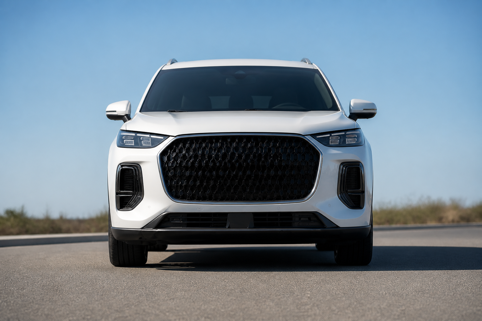 Frontal del Ebro S900 blanco parado en carretera con los faros apagados a plena luz del día