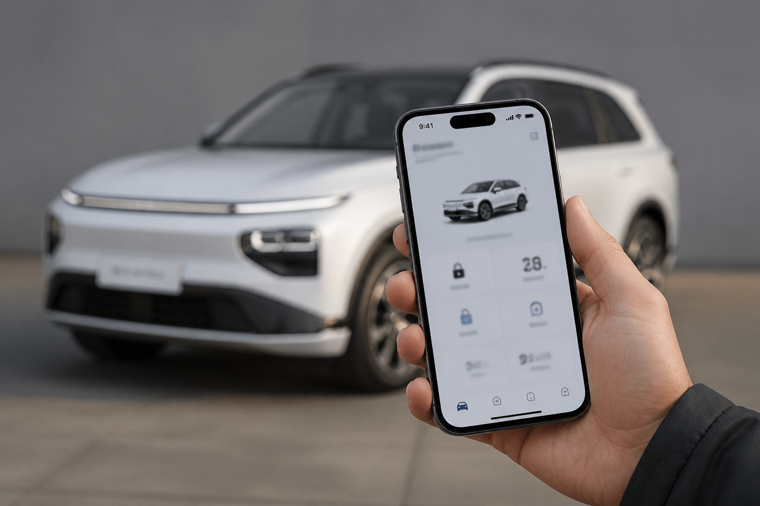 Smartphone en primer plano con la app del vehículo y el Ebro S900 blanco desenfocado al fondo
