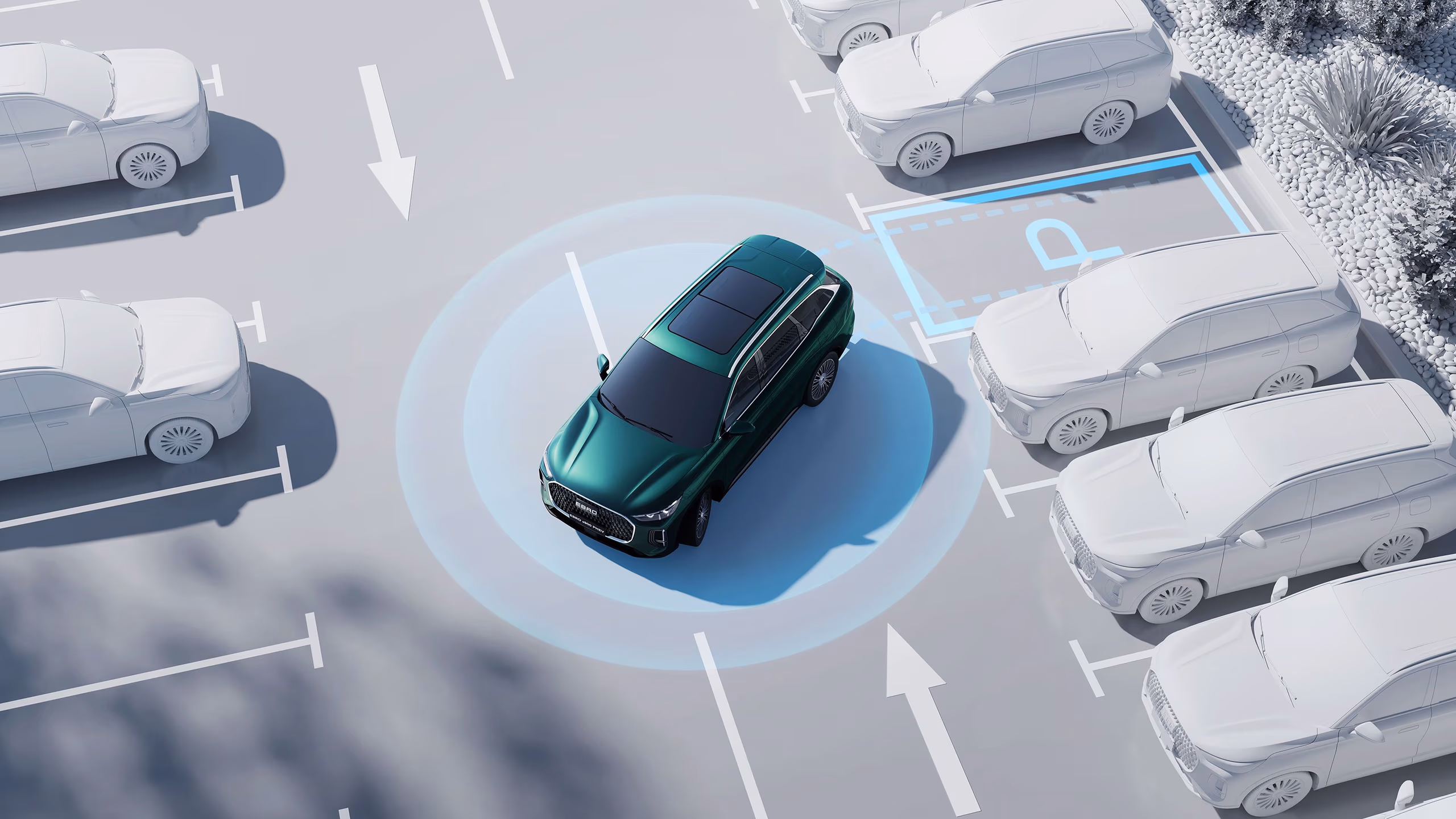 Render cenital de un Ebro S900 aparcando de forma asistida en un estacionamiento