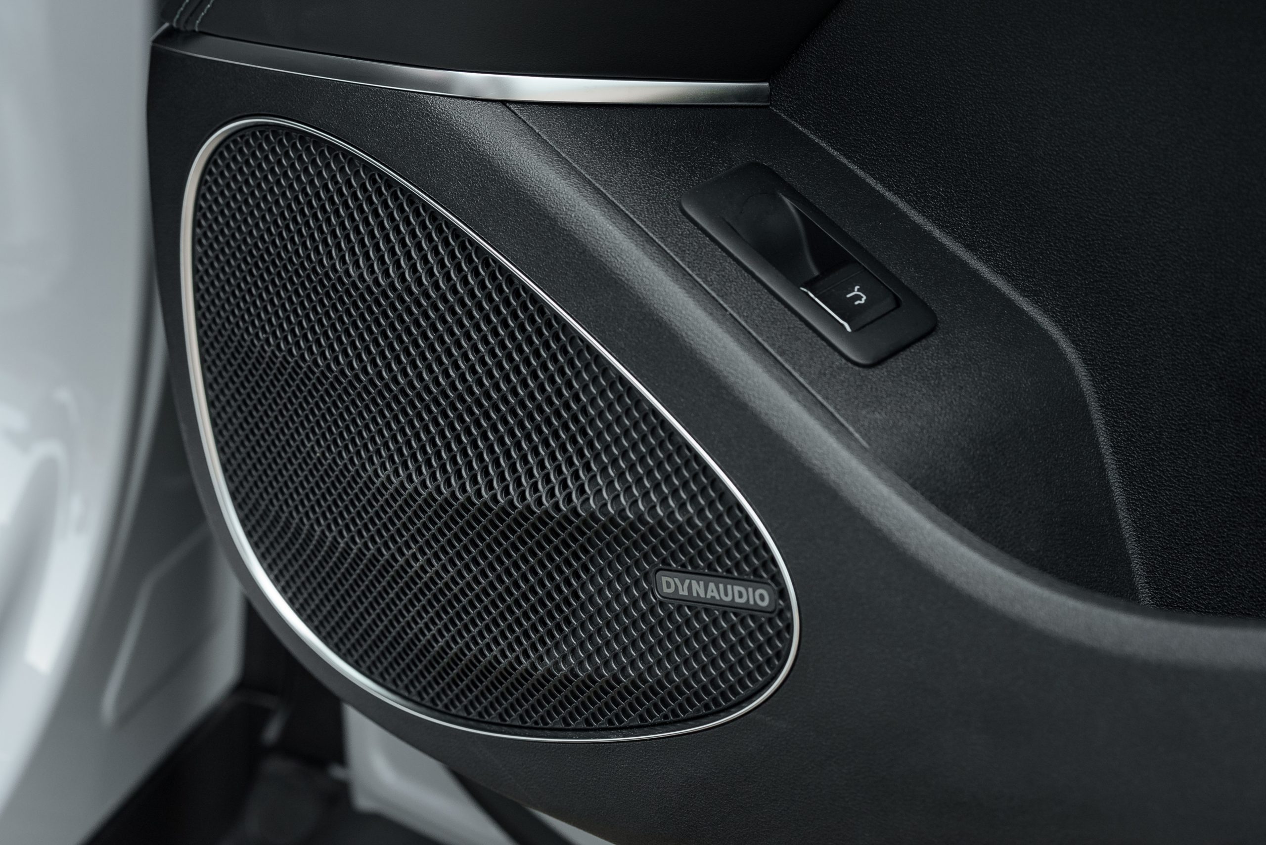 Altavoz Dynaudio integrado en el panel de la puerta interior con acabado gris oscuro