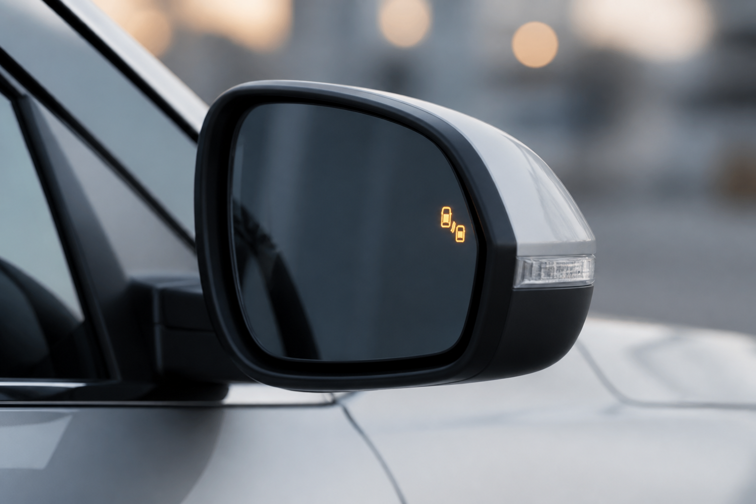 Macro del retrovisor exterior del SUV plateado con el testigo luminoso de ángulo muerto iluminado