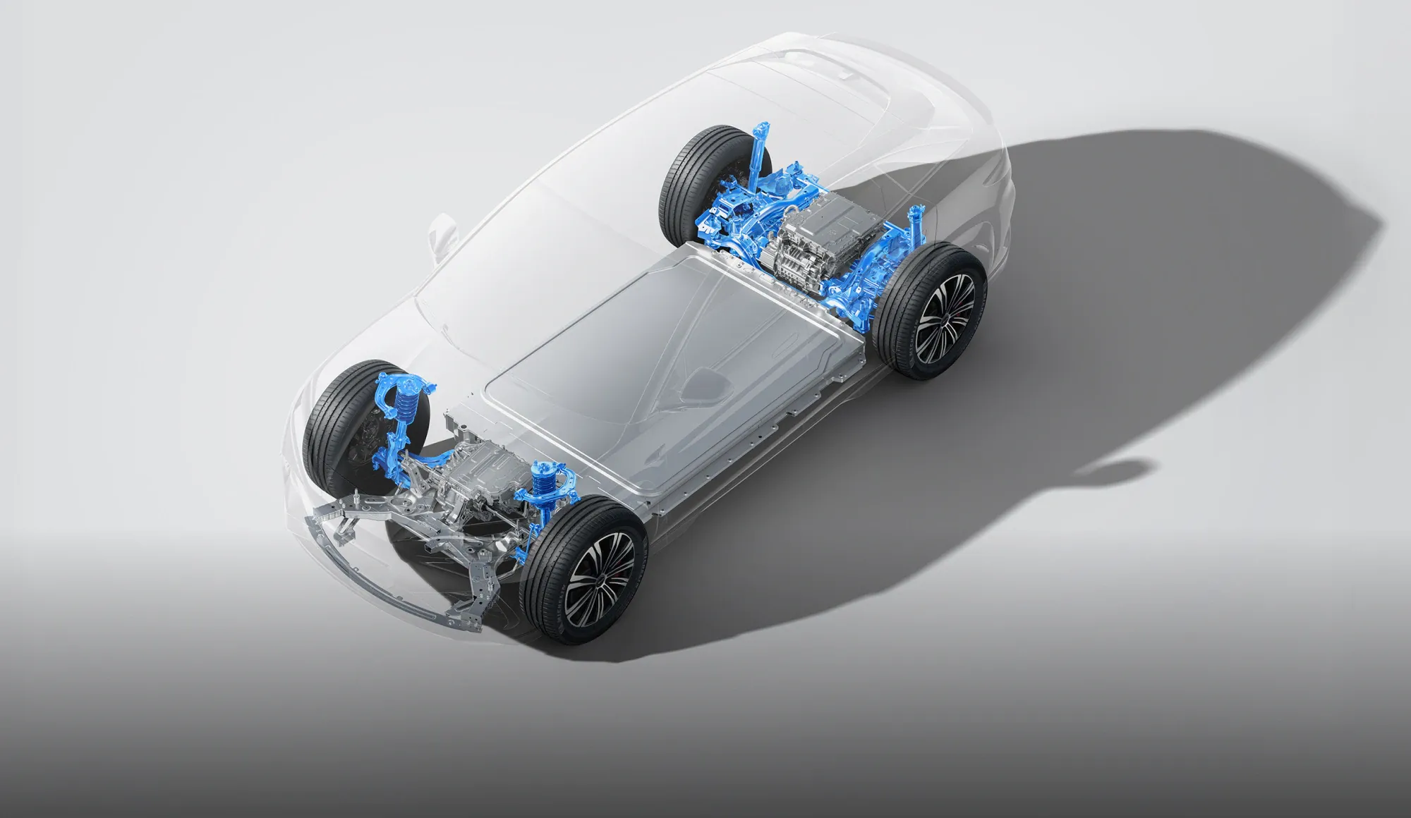 Render de la plataforma del BYD Sealion 7 con carrocería transparente mostrando chasis, batería Blade y tren motriz