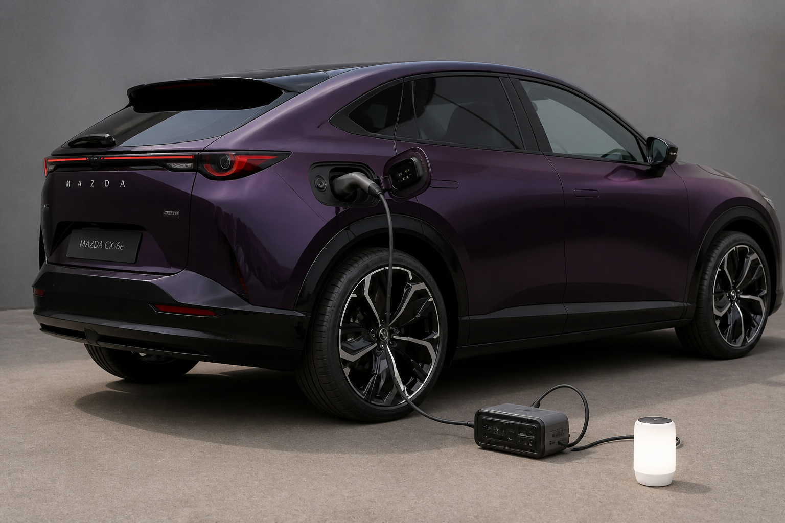 Adaptador V2L conectado al puerto de carga del CX-6e alimentando un dispositivo eléctrico en el exterior.