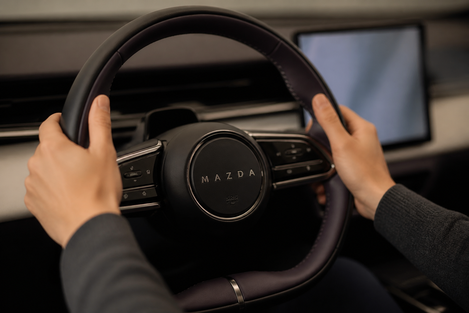 Primer plano de unas manos sobre el volante del CX-6e con el salpicadero desenfocado al fondo.