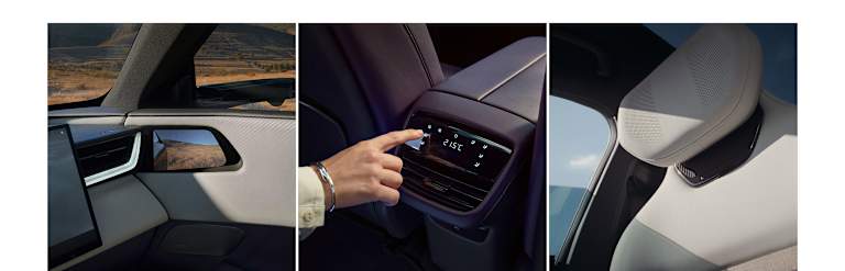 Composición de detalles interiores con el reposacabezas del asiento con altavoz integrado, panel de climatización y retrovisor.