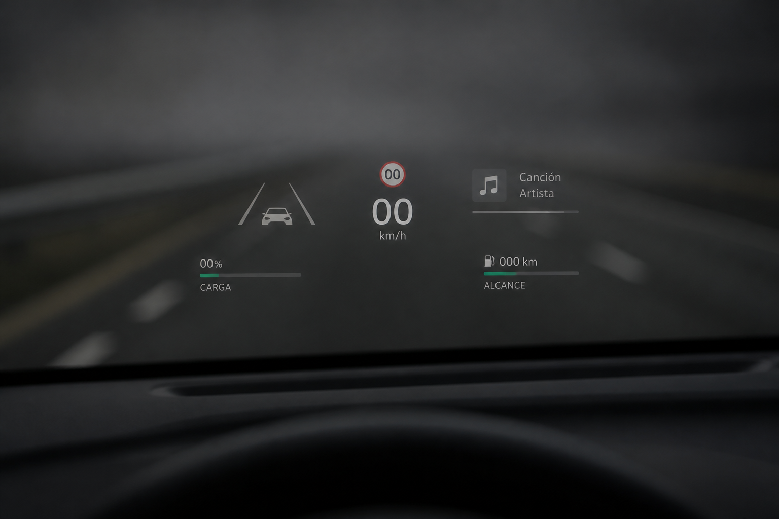 Head-up display proyectado sobre el parabrisas visto desde el asiento del conductor, con iconografía desenfocada.