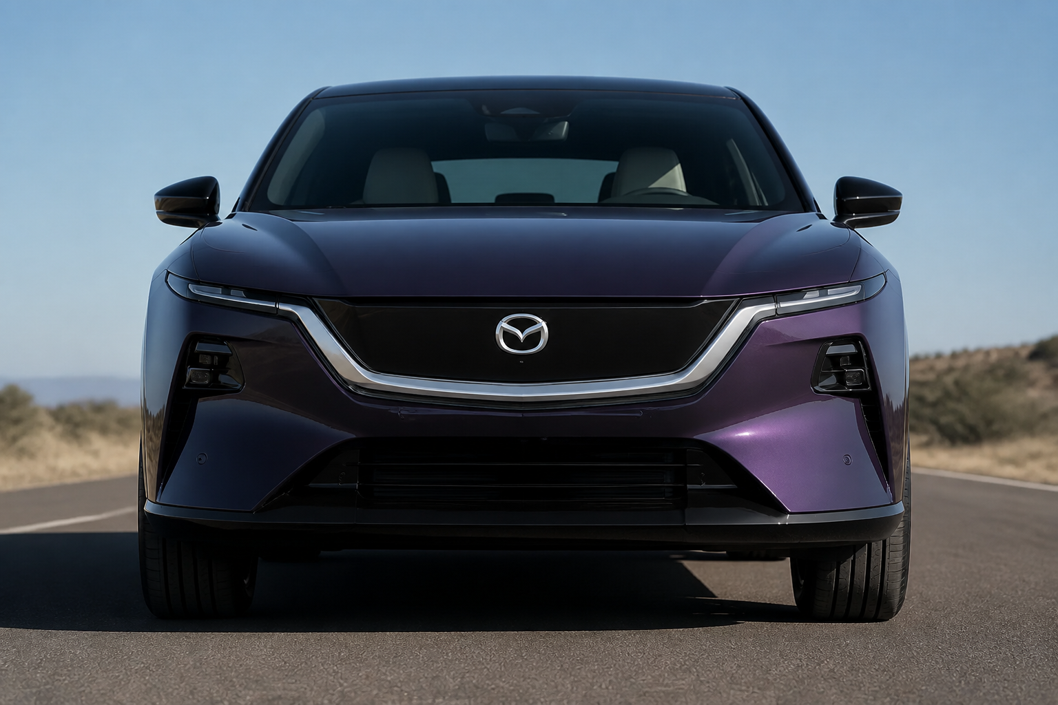 Primer plano frontal del morro del CX-6e de día, con los faros apagados, en una carretera asfaltada.