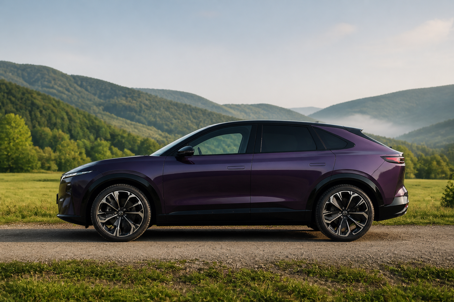El CX-6e morado oscuro parado en un paisaje natural verde con luz suave de mañana.