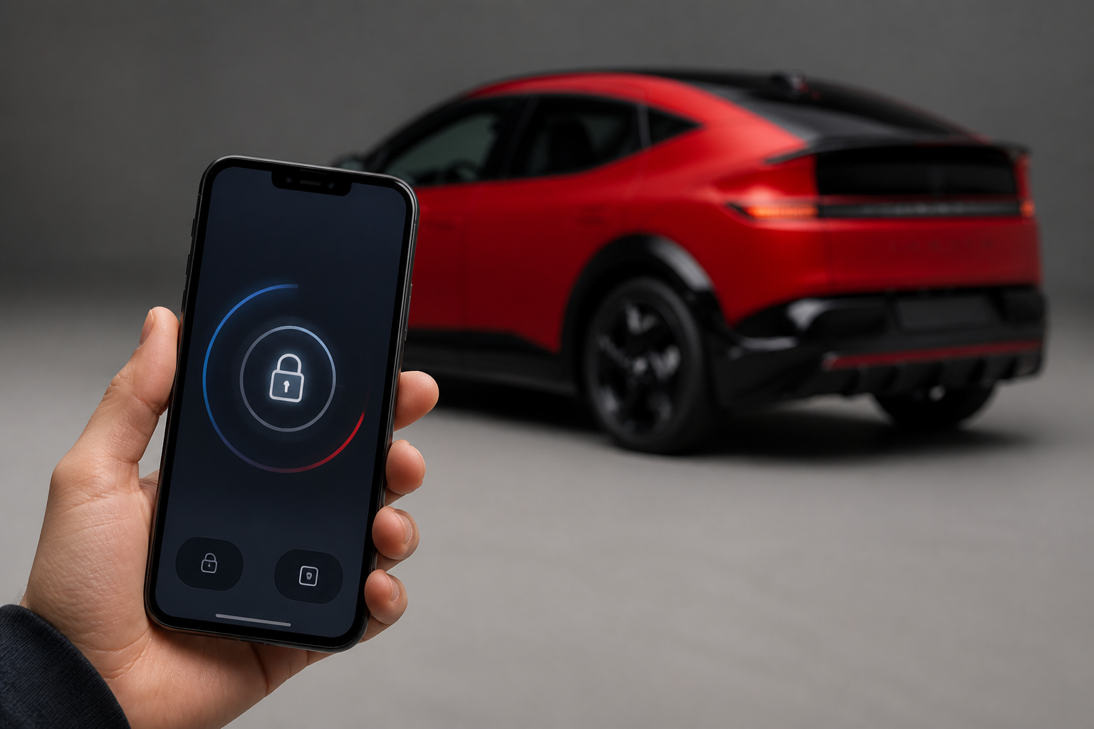 Smartphone en primer plano mostrando una llave digital, con el IONIQ 3 rojo desenfocado al fondo