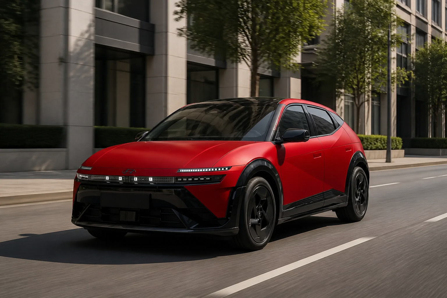 IONIQ 3 rojo circulando por una avenida urbana de día, visto en tres cuartos frontal