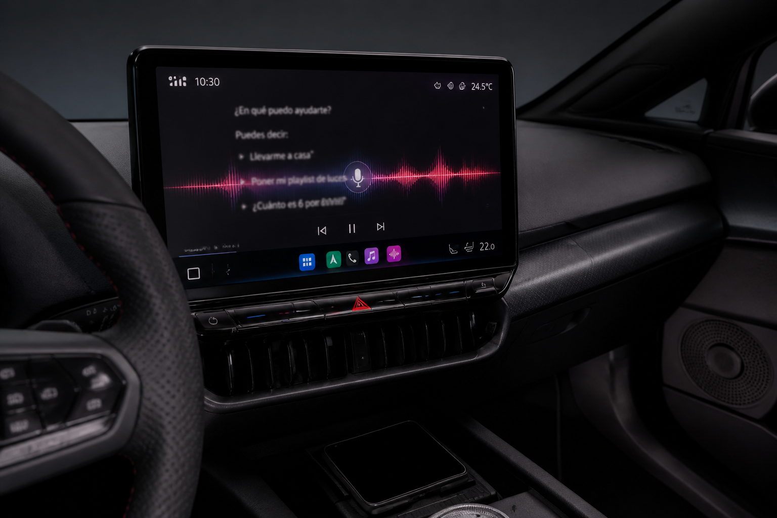 Pantalla central con interfaz de asistente de voz mostrando una onda sonora luminosa y textos desenfocados