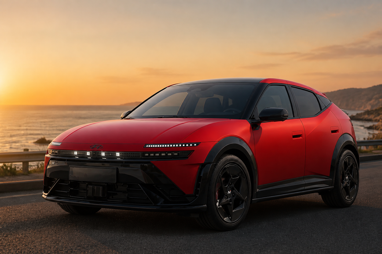 IONIQ 3 rojo parado en una carretera costera al amanecer, visto en tres cuartos frontal