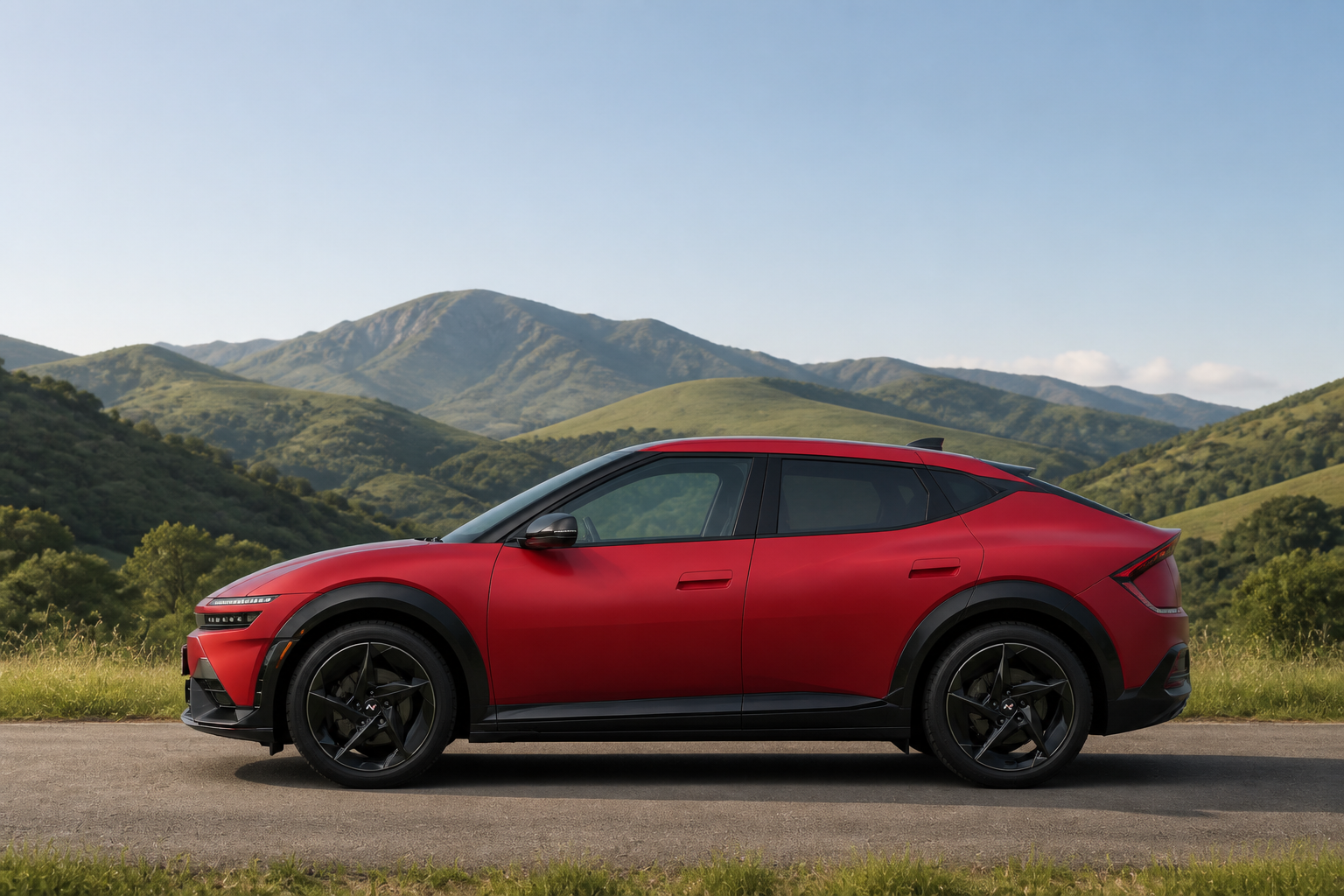 IONIQ 3 rojo parado en un paisaje verde de colinas bajo un cielo despejado
